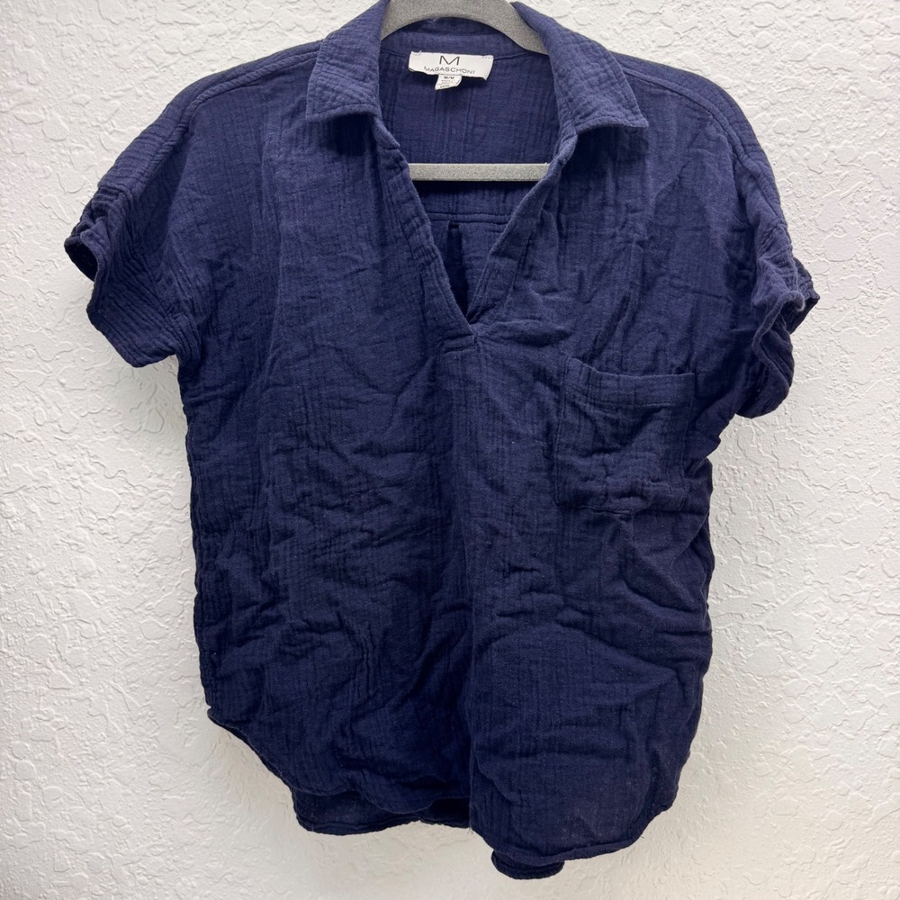 Magaschoni Navy Blue Gauze Short Sleeve V-Neck Blouse Top Womens Medium
